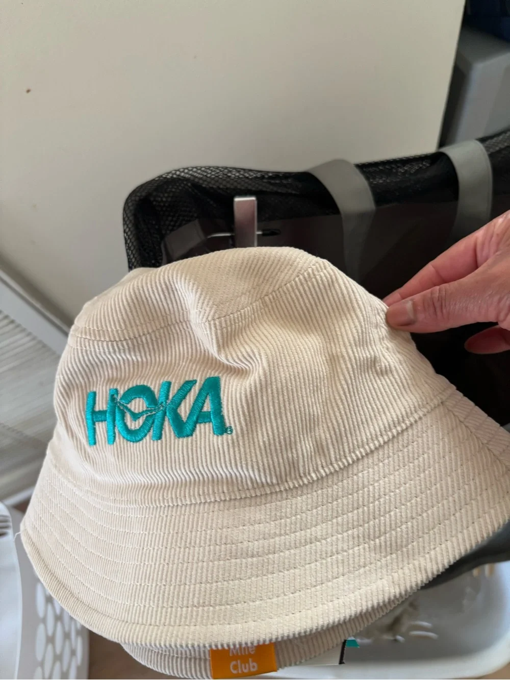 Hoka Cream Corduroy Bucket Hat with Teal Logo